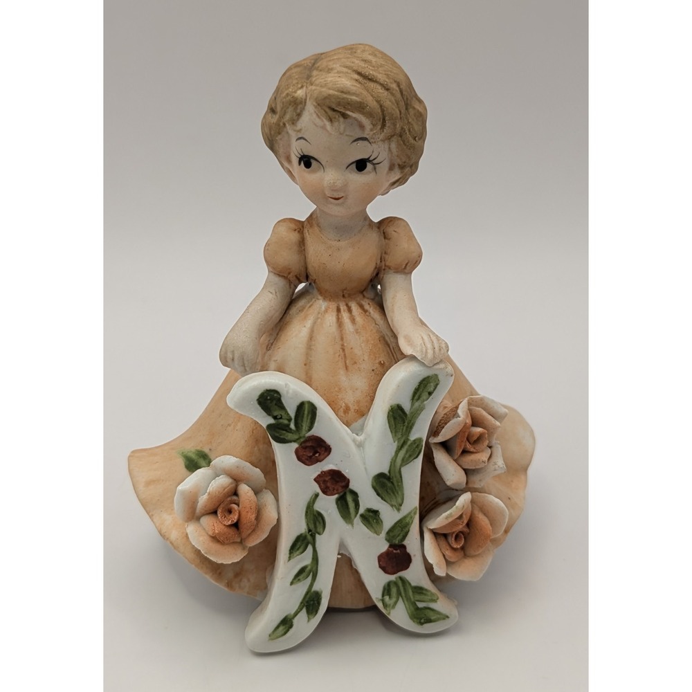 Josef Originals GEORGE GOOD MCM Ceramic Little Girl with Letter N Figurine Peach